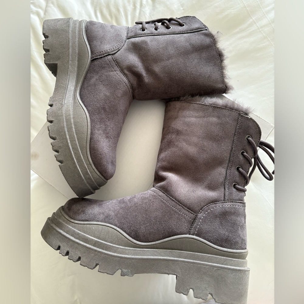 Gray Suede Faux Fur Lined Lace Up Back Booties
